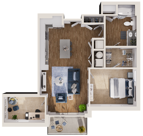 Geranium Floor Plan at Hamilton at Eagleview, featuring 1 bedroom, 1 bathroom, and a den for versatile living in Exton, PA 19341